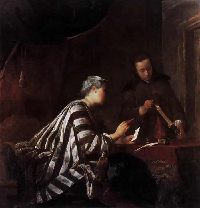 Chardin's painting of a woman sealing a letter with wax while a servant holds the candle