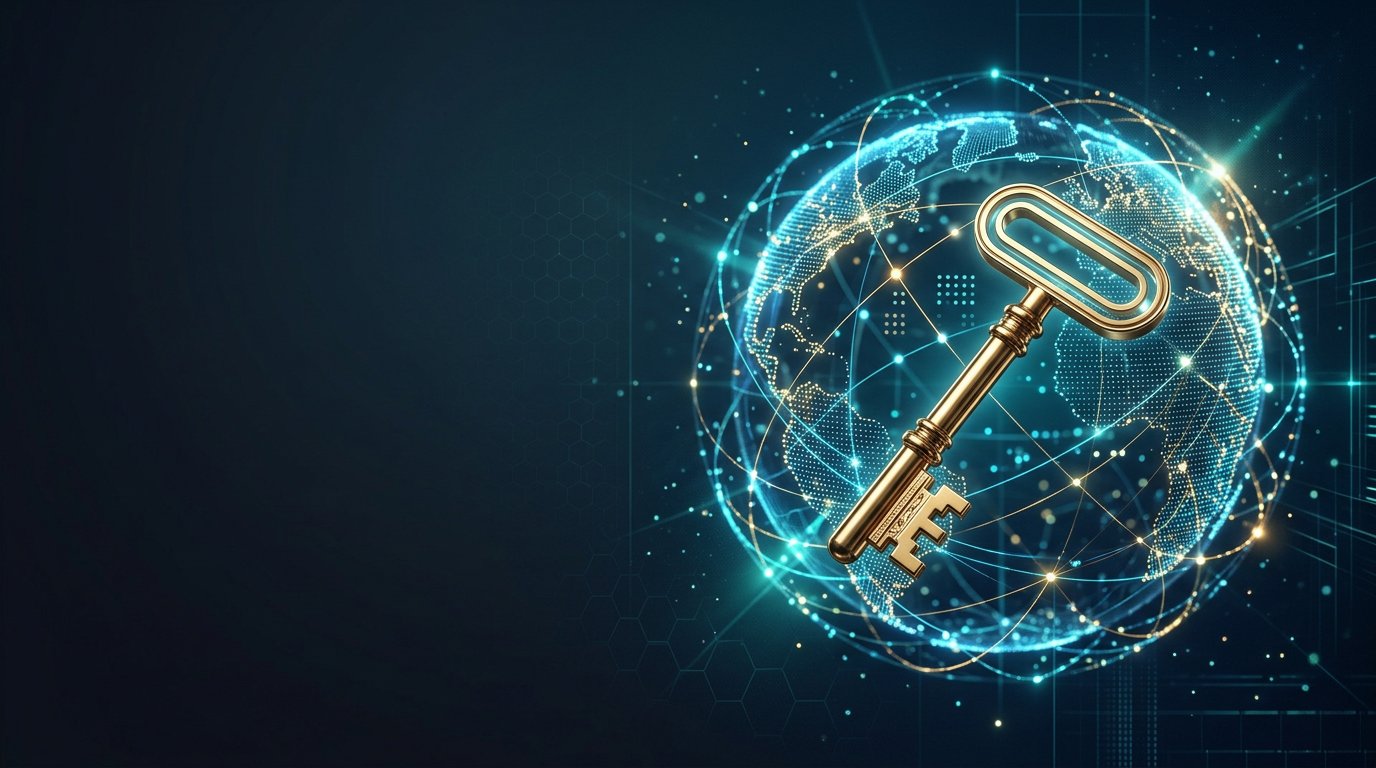 A golden key over a glowing internet globe